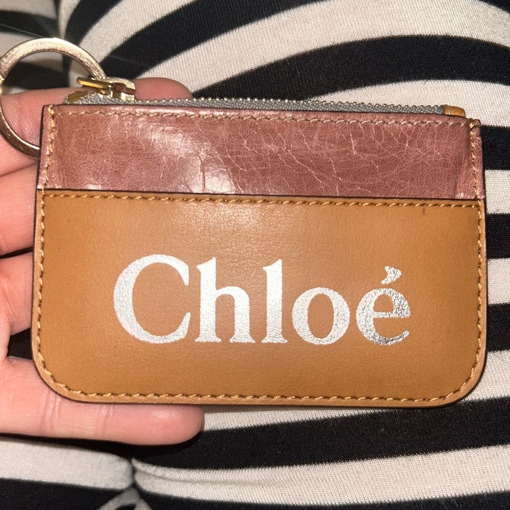 Chloe Auth Tan Pink Zip Leather Coin Key Case 2 Slot Card Holder Wallet Zip